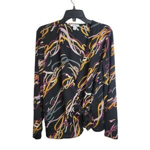 Nine West Long Sleeve Wrap Top Womens 2XL Black Belts Print Surplice V-Neck